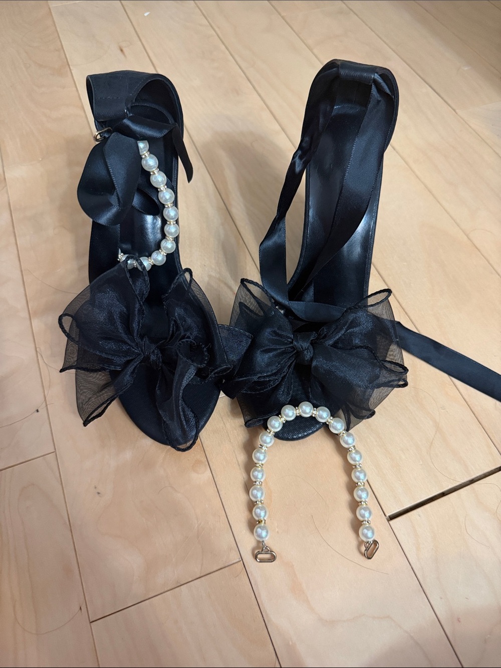 Black Satin Pearl-Embellished Bow Heels